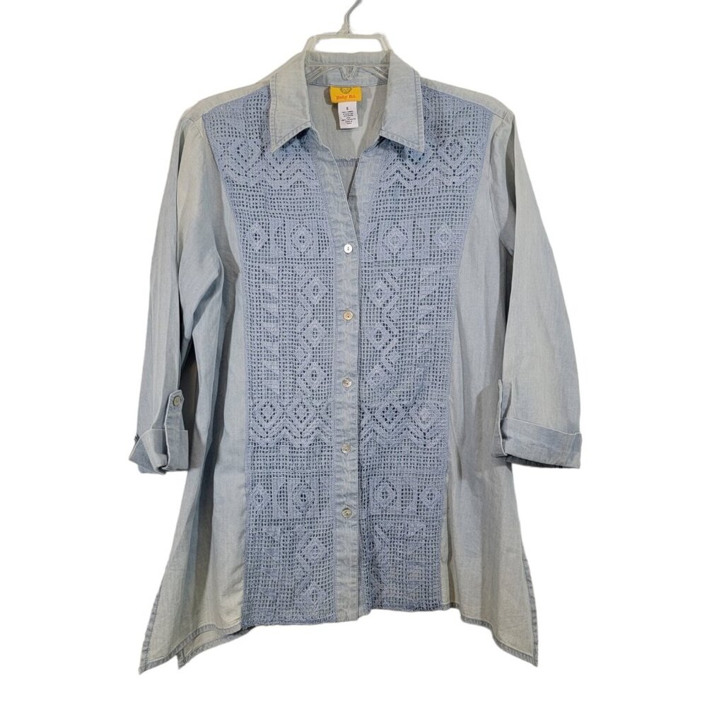Ruby Road Top Embroidered Frint Button Up Light Blue Size 6 Womens Western
